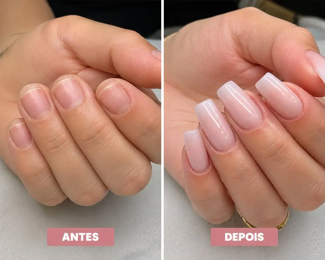 Antes e depois de alongamento coffin nail art premium