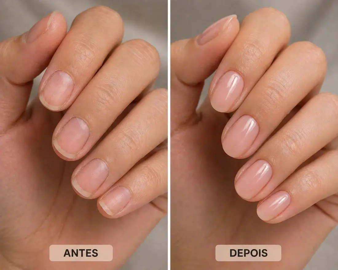 Antes e depois de unhas estilo milky nails