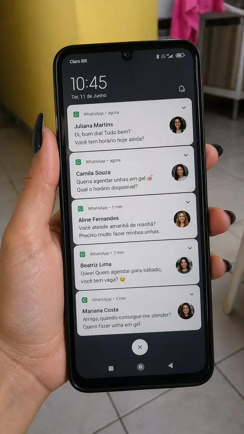 Notificações de clientes pedindo alongamento e gel